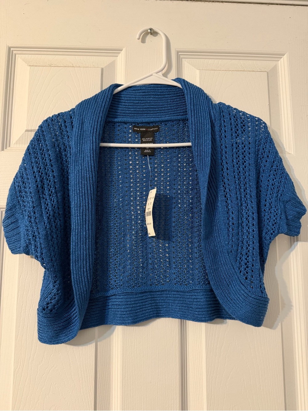 NWT Women’s Blue Short-Sleeve Open-Knit Shrug Cardigan New York & Company Sz Med